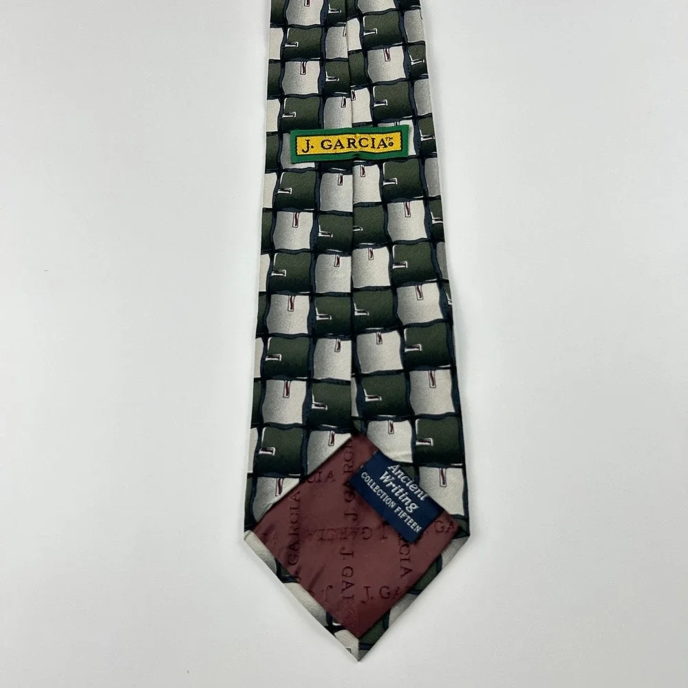 Vintage‎ 1996 J. Garcia Ancient Writing Green Silver Geometric 100% Silk Tie